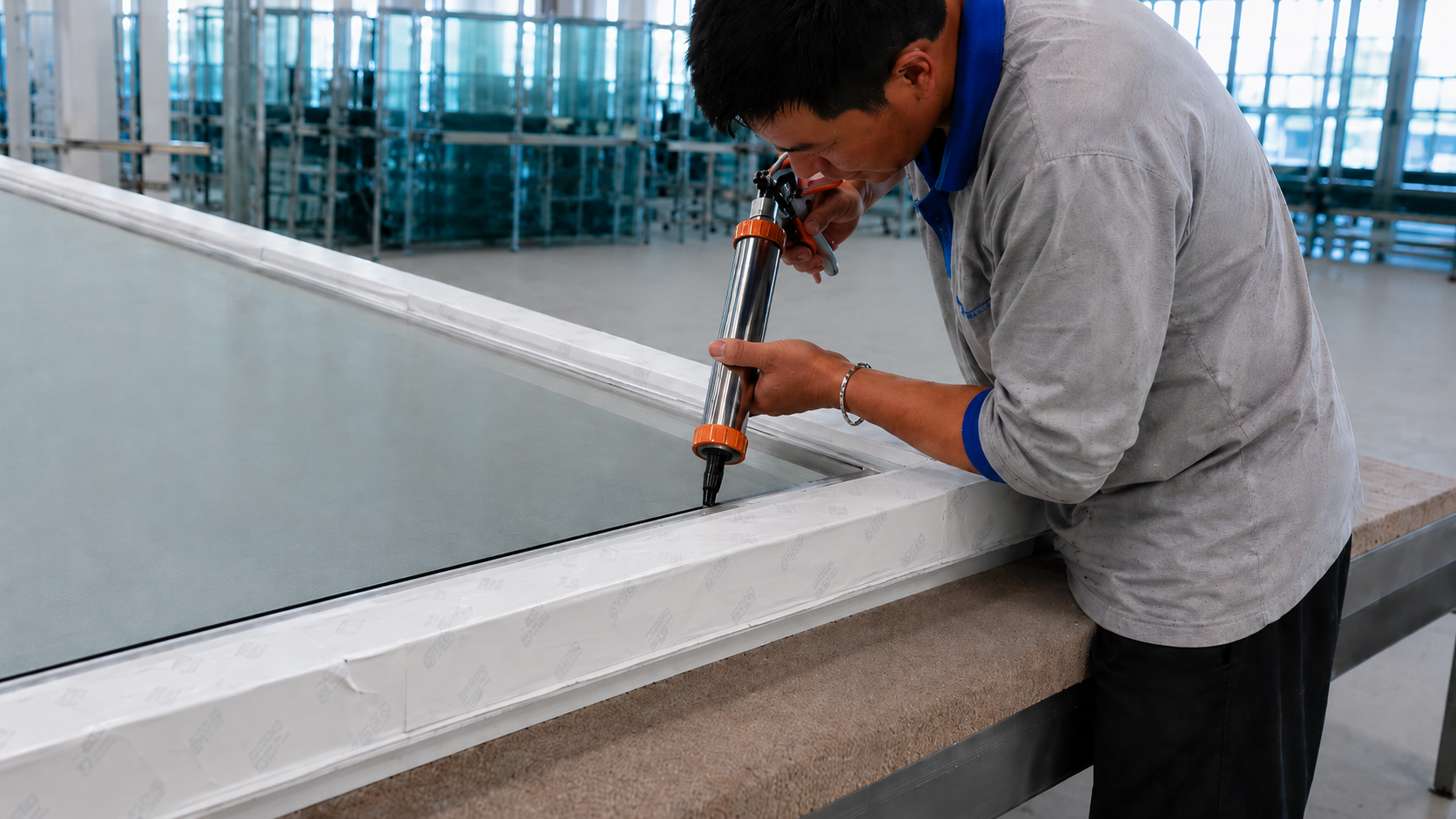 Architectural facade features in aluminium fabrication workshop